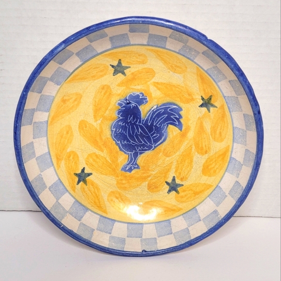 Dan Lasser Vintage Ceramic Stoneware Art Pottery Pasta Bowl Blue Chicken Rooster - Picture 1 of 7